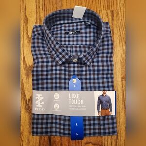 New IZOD Men's Modern Fit Luxe Touch Twill Button Down Shirt (Large, Blue)